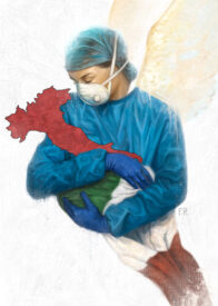 Dottoressa angelo che si prende cura dell'Italia ferita (illustrazione di Franco Rivolli)